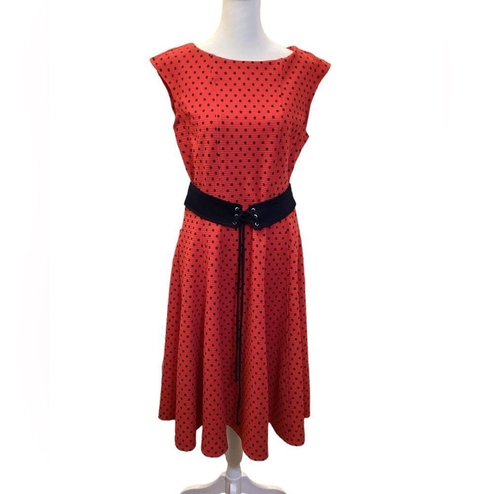 Danny and Nicole Red Black Polka Dot Fit Flare Dress 12 Faux Belted Retro Knit
